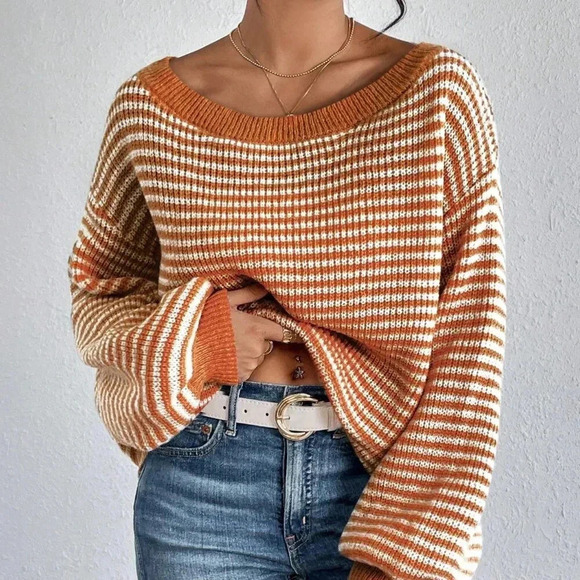 Orange Casual Women's Contrast Striped Print Off-Shoulder Long Sleeve Sweater - Picture 4 of 7